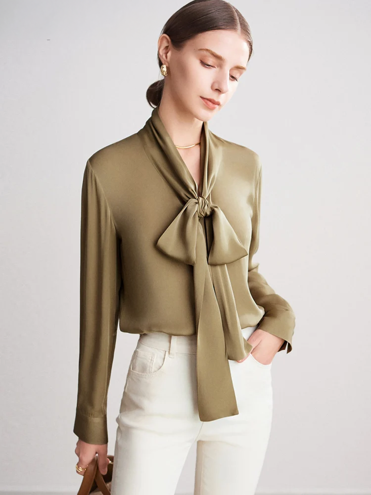 Green Spring Bow Collar Mulberry Silk Womens Blouse