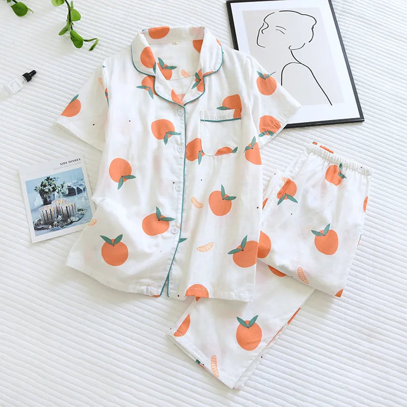 Citrus Orange Short Sleeve 100% Cotton Womens Pajama Set | Hypoallergenic - Allergy Friendly - Naturally Free