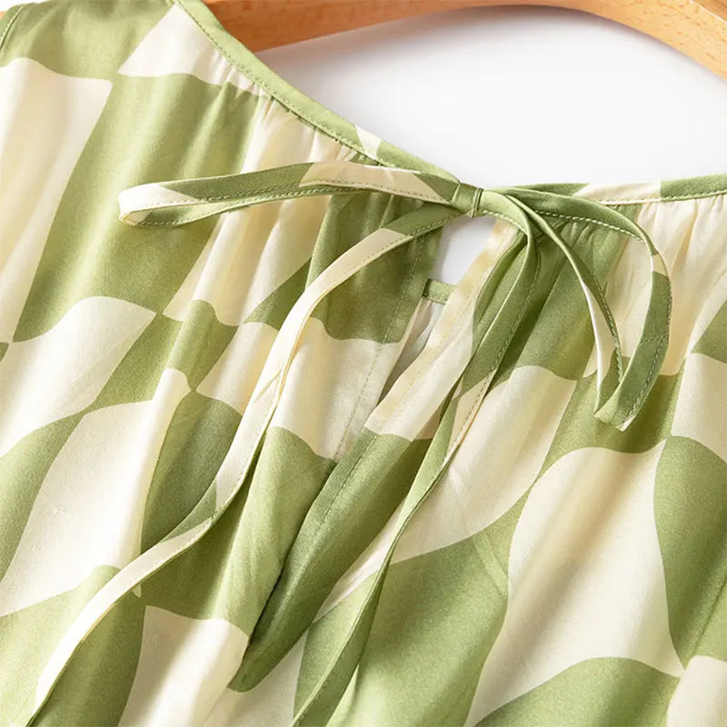 Green Grass Plaid 19MM Mulberry Silk Midi Dress | Hypoallergenic - Allergy Friendly - Naturally Free