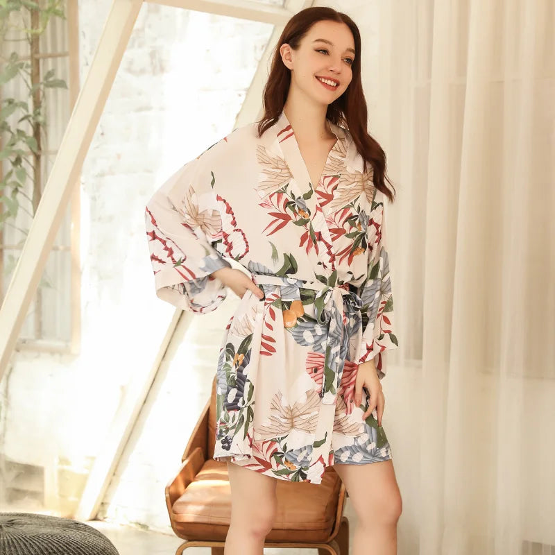 Abstract Floral Kimono Cotton Viscose Womens Robe