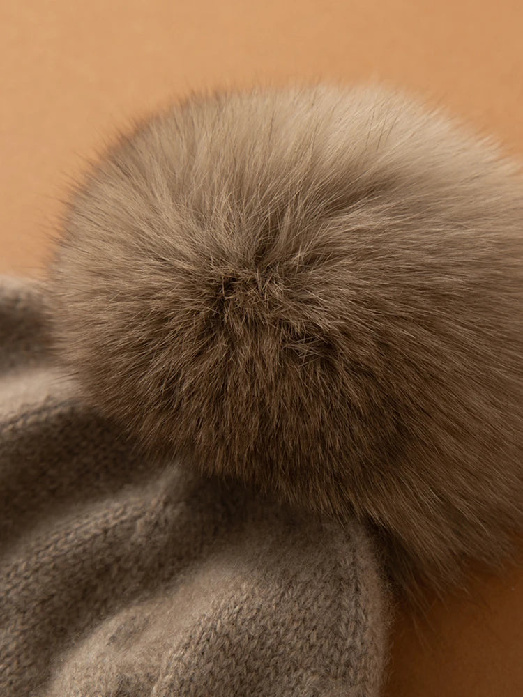 High Quality New Knitted Hat for Women Winter Hat Cashmere Luxury Beanies Skullies Real Fur Pom Hat for Girl Gorro Female Cap | Hypoallergenic - Allergy Friendly - Naturally Free