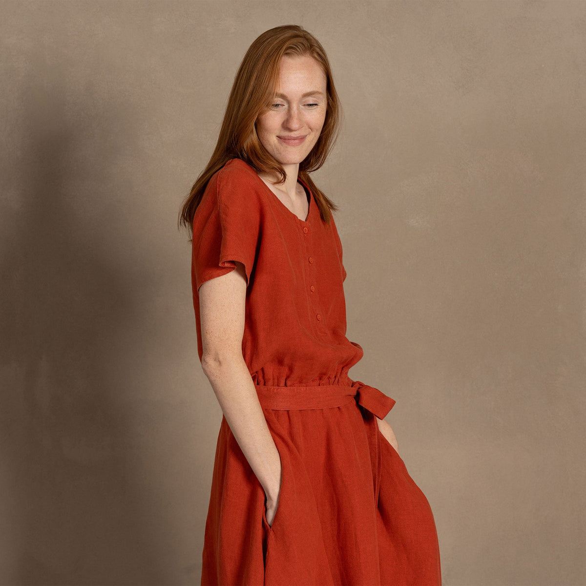 MENIQUE Front Button Dress Brigit Cinnamon Red