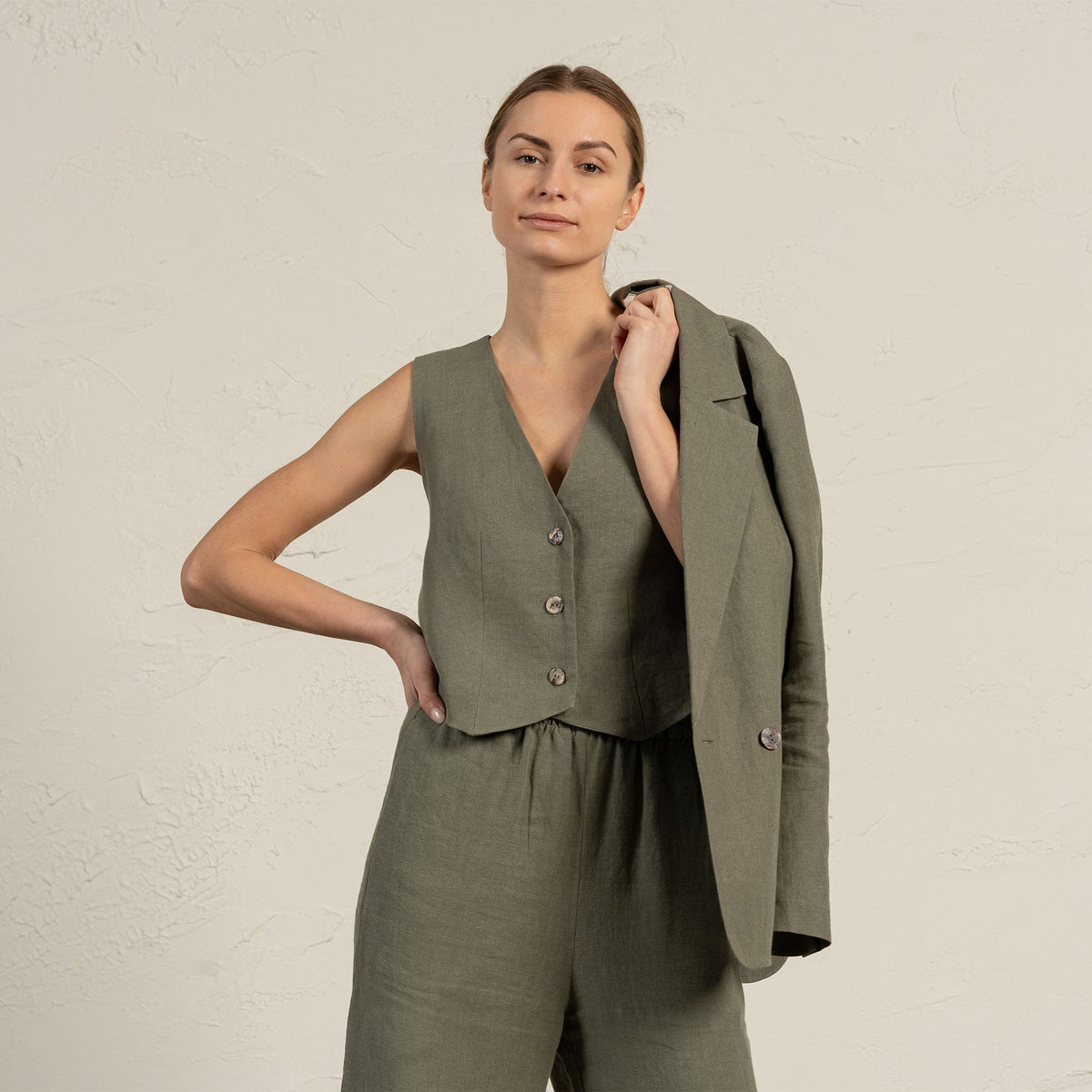 MENIQUE 100% Linen Blazer, Vest & Pants 3-Piece