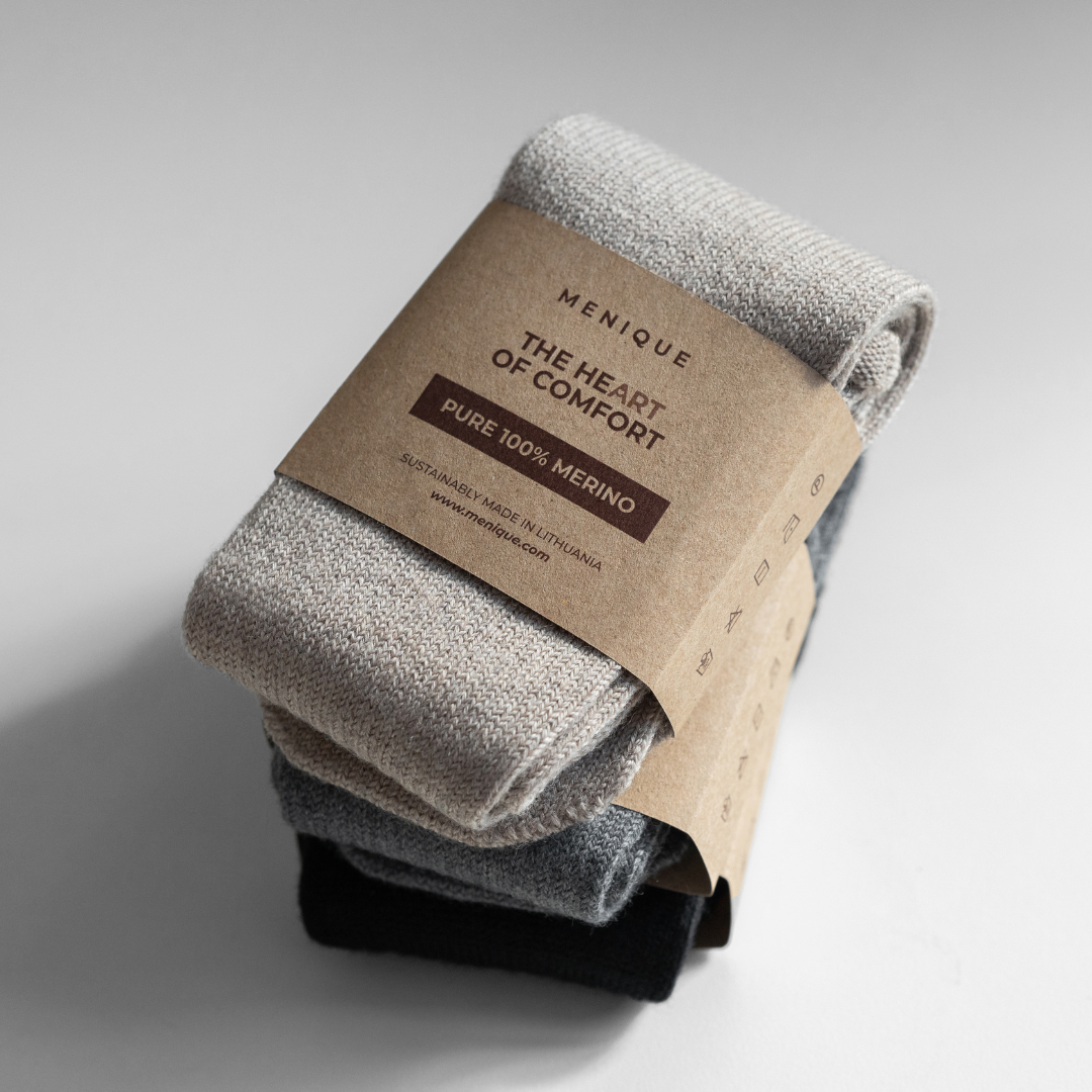 MENIQUE 100% Merino Wool Womens Socks 2-Pack Black/Creamy beige