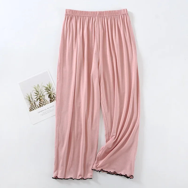 Pink Horizon Ruffled Viscose Womens Lounge Capri Pants | Hypoallergenic - Allergy Friendly - Naturally Free