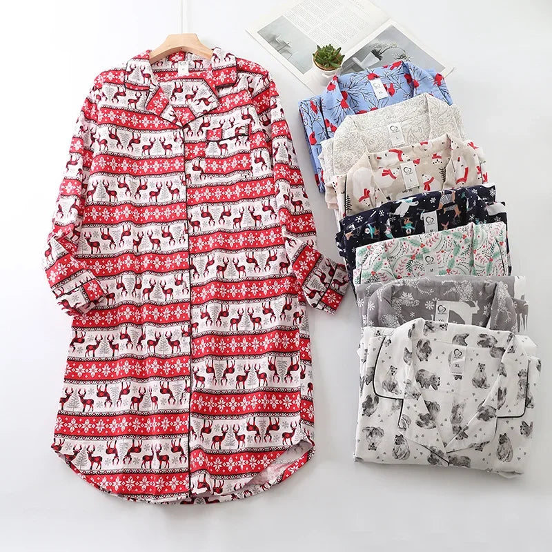Cotton Flannel Brushed Cloth Women's Long-sleeved Mid-length Shirt Nightgown Plus Size Multi Colors Printed Homewear Night Gown