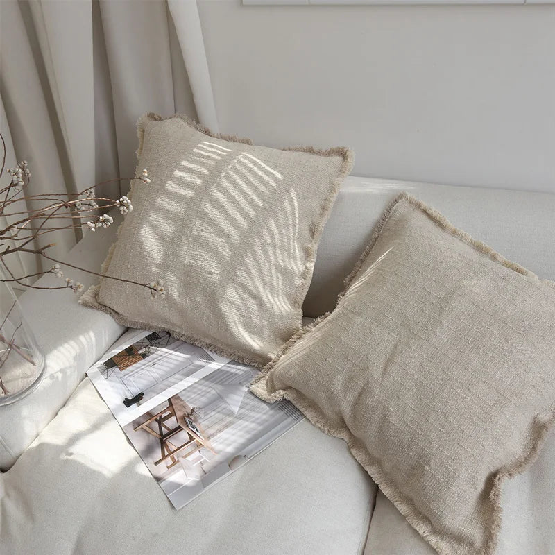 Natural Hues 1Pcs Fringed Couch 100% Cotton Pillow Cover