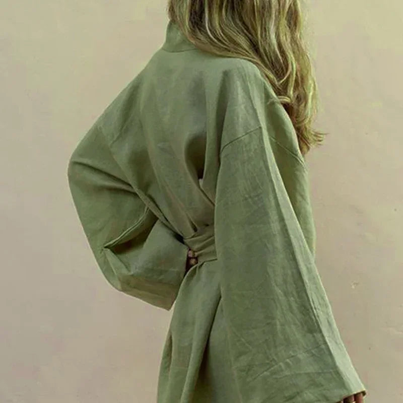 Green Lily Kimono Cotton Linen Womens Robe