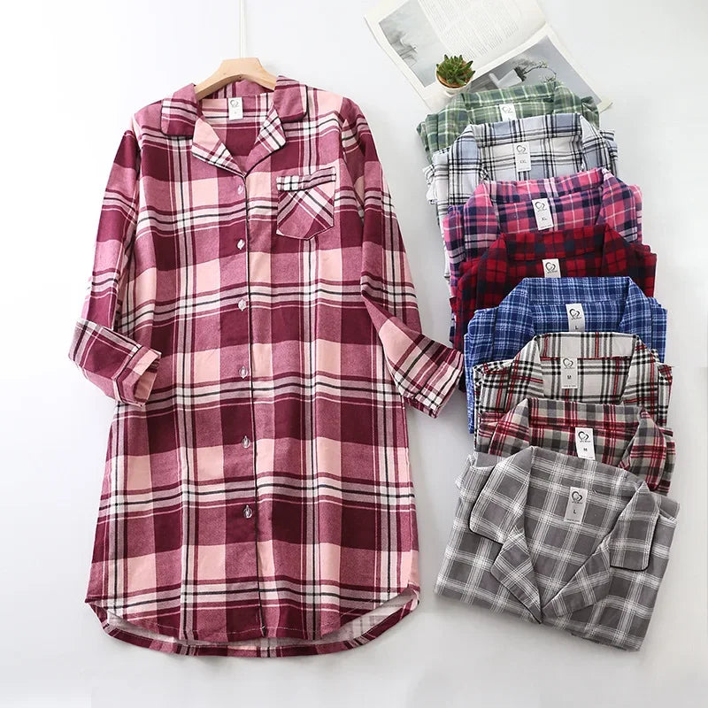 Cotton Flannel Brushed Cloth Women's Long-sleeved Mid-length Shirt Nightgown Plus Size Multi Colors Printed Homewear Night Gown