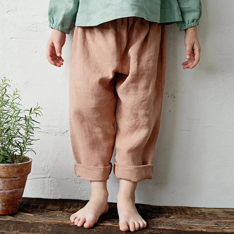 Summer Citrus Cotton Viscose Linen Kids Pants With Pockets