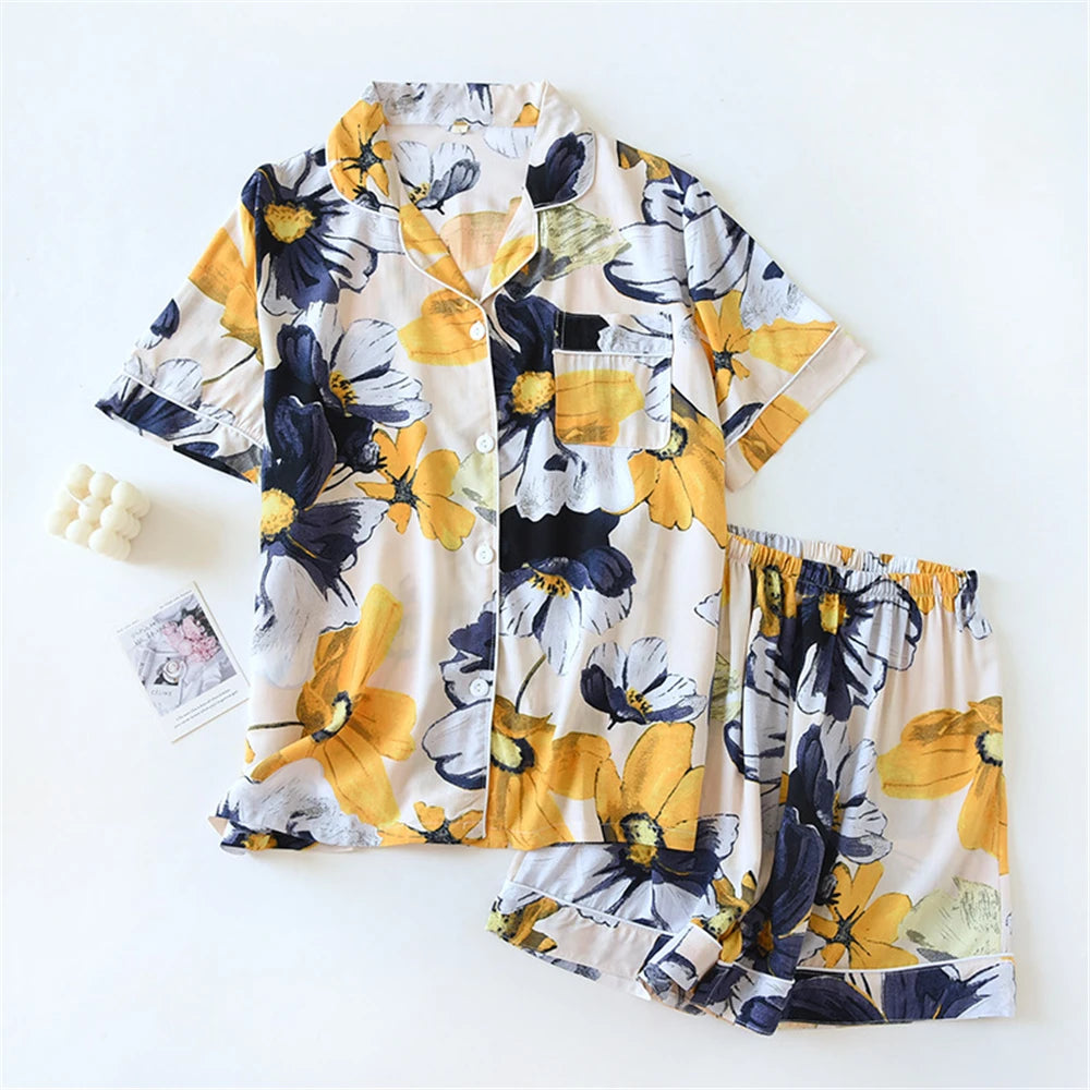 Summer Garden Viscose Womens Pajamas Shirt & Shorts Set | Hypoallergenic - Allergy Friendly - Naturally Free