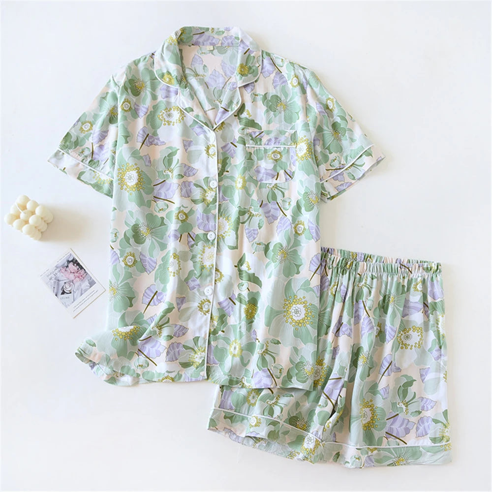 Summer Garden Viscose Womens Pajamas Shirt & Shorts Set | Hypoallergenic - Allergy Friendly - Naturally Free