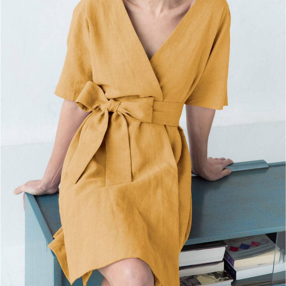 Sunny Sands V-Neck 100% Linen Dress | Hypoallergenic - Allergy Friendly - Naturally Free
