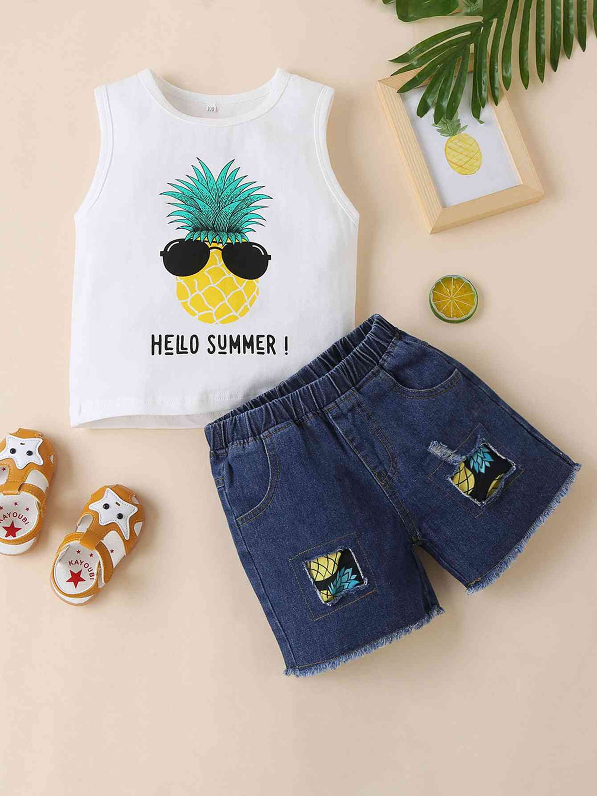 Tangy Pineapple Hello Summer Denim Graphic Cotton Baby Boys Shorts Set | Hypoallergenic - Allergy Friendly - Naturally Free