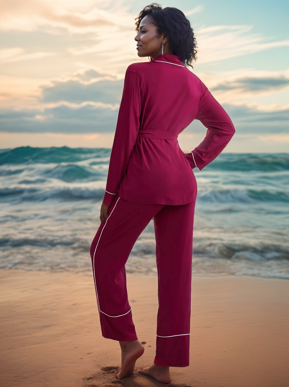 Raspberry Comfort Long Sleeve Kimono Robe Viscose Womens Pajama Set | Hypoallergenic - Allergy Friendly - Naturally Free