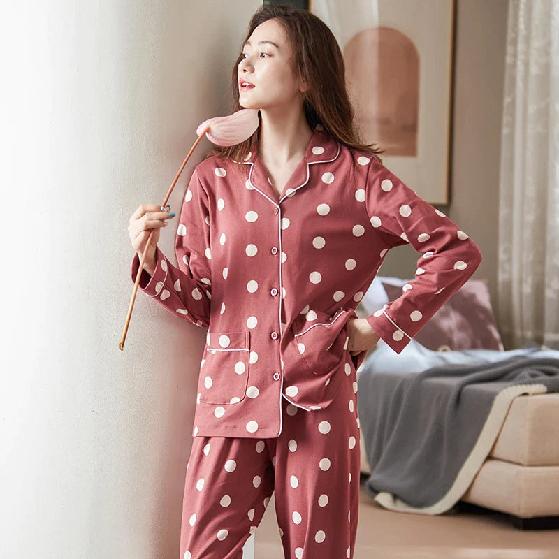 Strawberry Harvest Polka Dot Cotton Womens Pajama Set