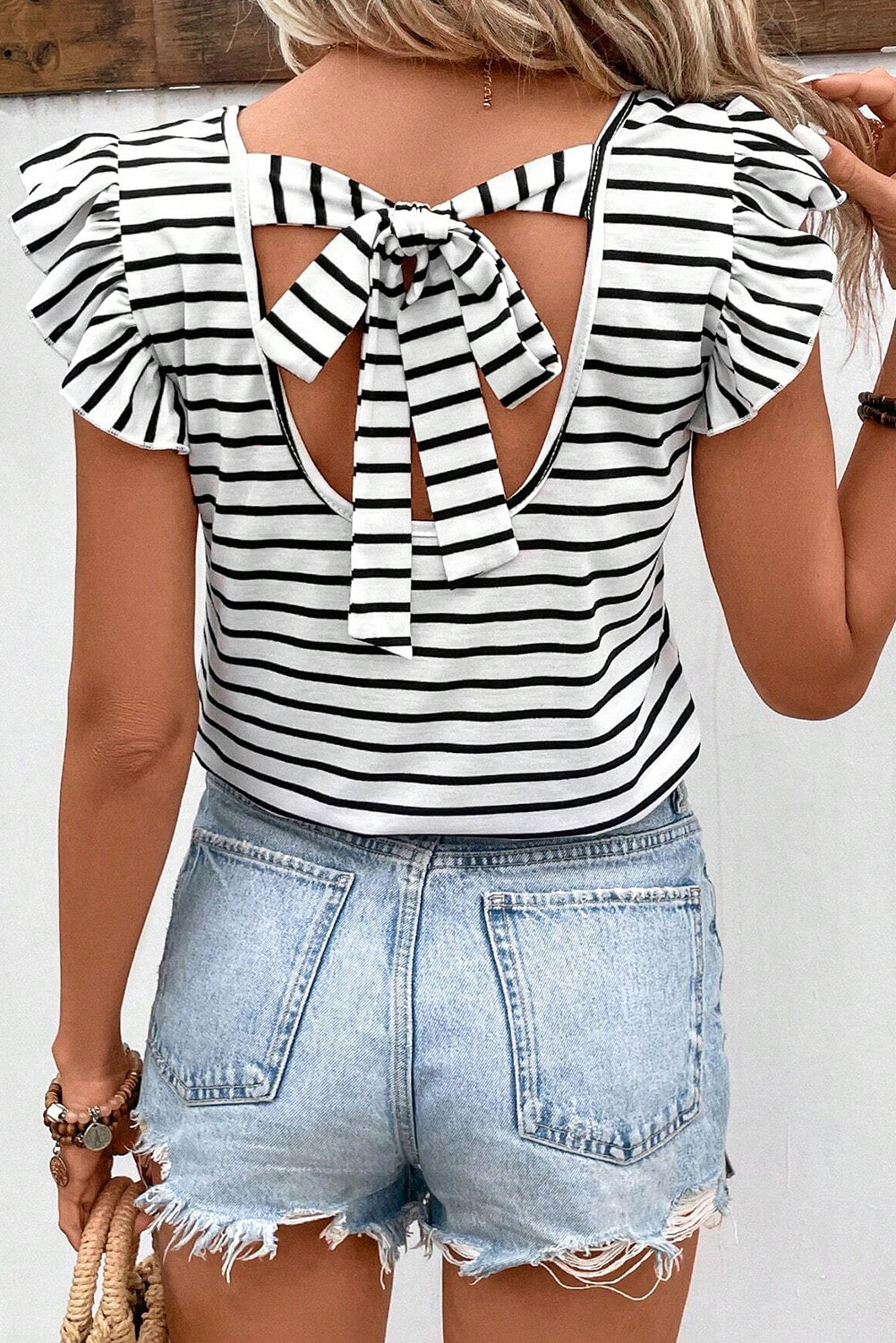 Butterfly Sleeves Stripes V-Neck Cotton Womens Shirt