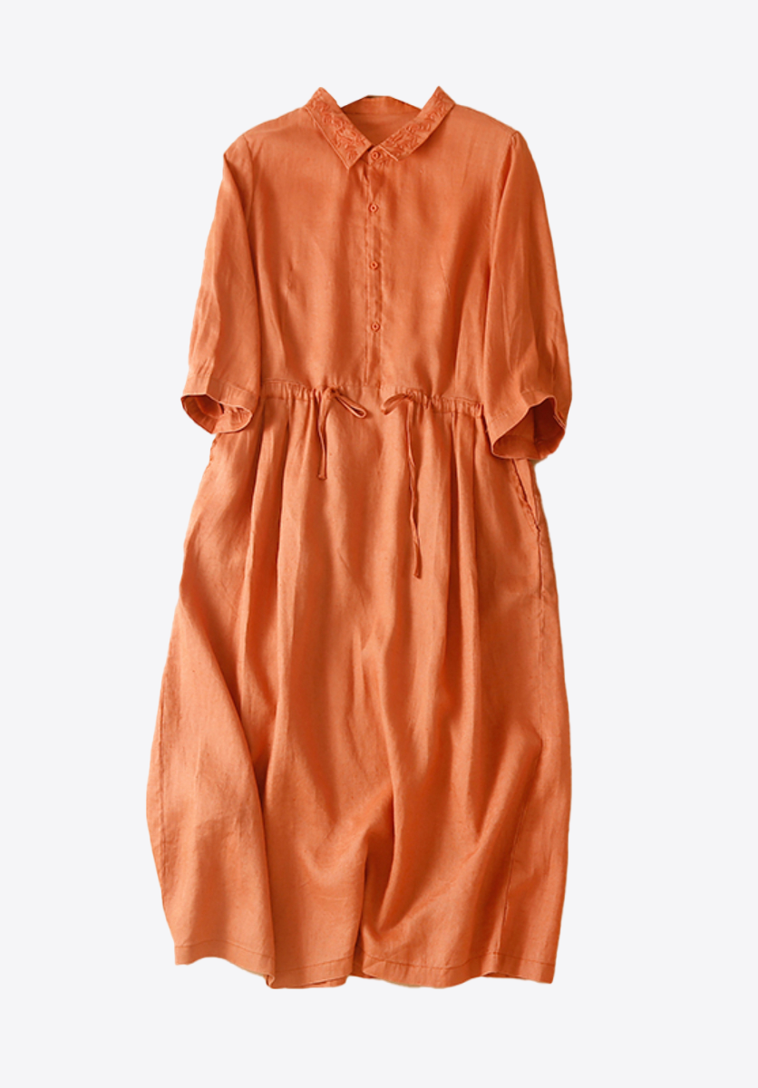 Tangerine Sunset Casual Collar Drawstring 100% Linen Womens Dress