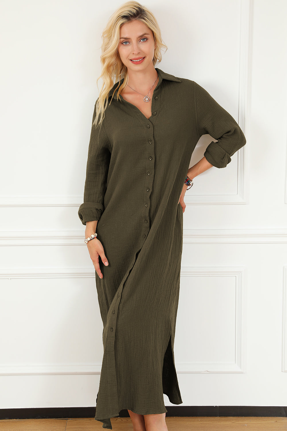 Green Crinkle Button Up Casual Split Shirt Maxi Dress