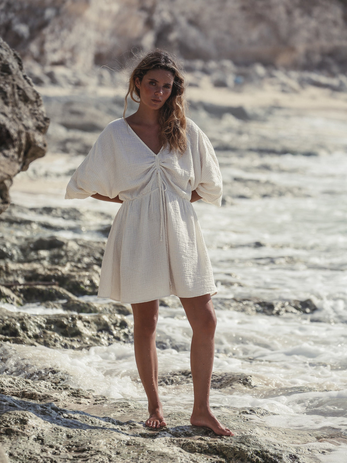 THE HAND LOOM Gaia Drawstring Mini 100% Organic Cotton Womens Dress - Natural With Gold Stripes