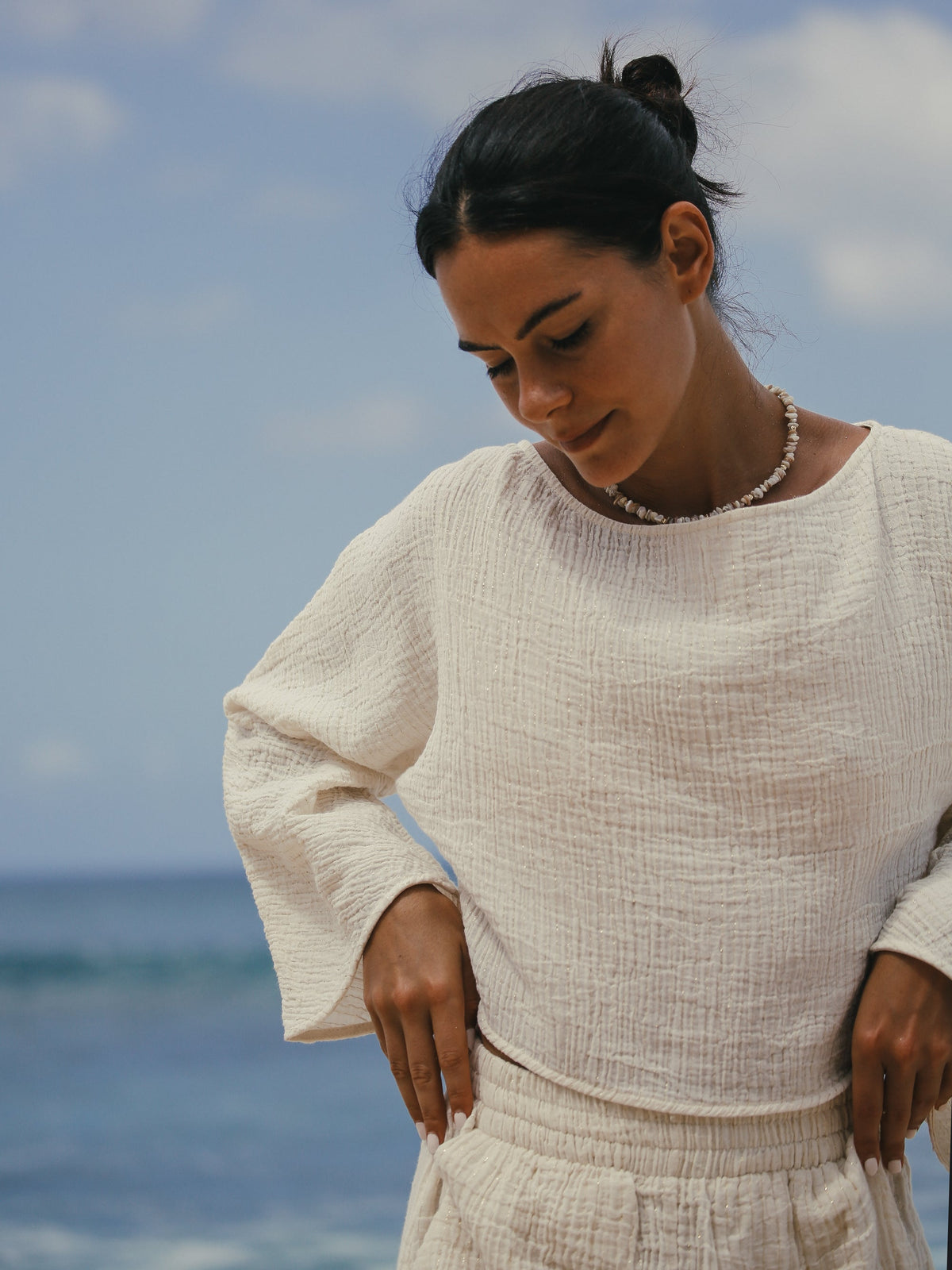 THE HAND LOOM Echo Crop Top - Natural With Gold Stripes