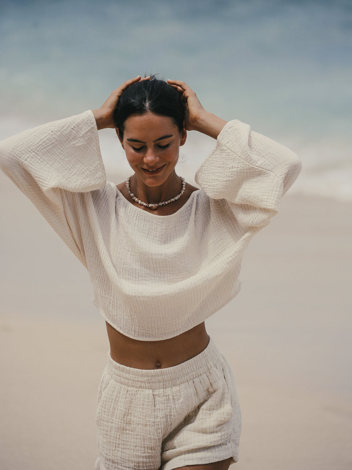 THE HAND LOOM Echo Crop Top - Natural With Gold Stripes