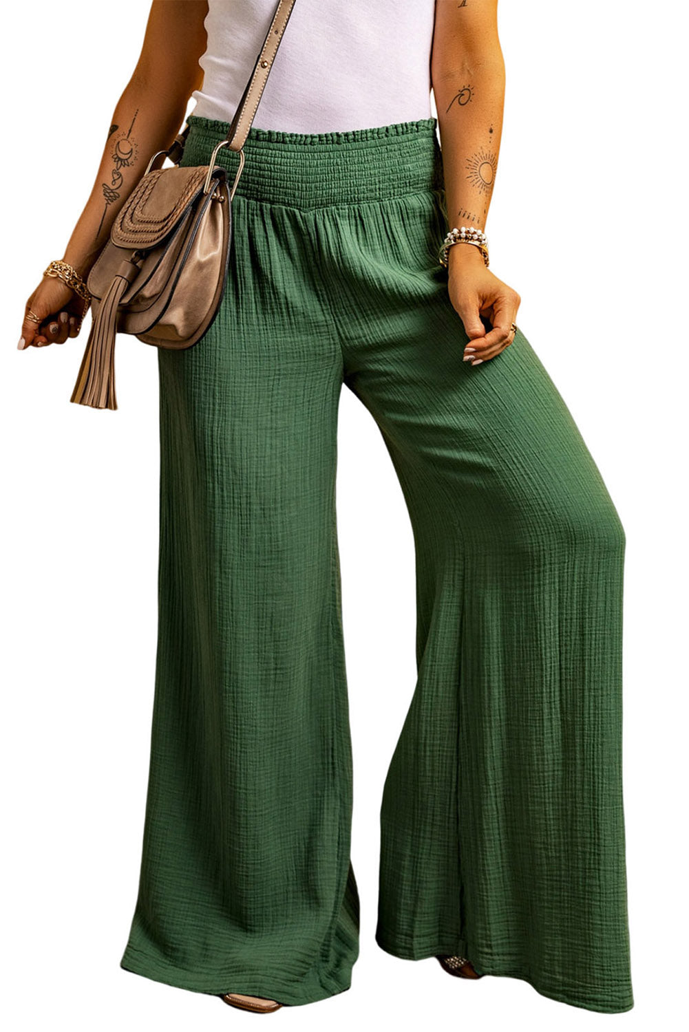 Green Smocked Waist Crinkled Wide Leg Pants