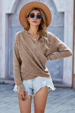 Beige Sunflower V-Neck Waffle 100% Cotton Sweater