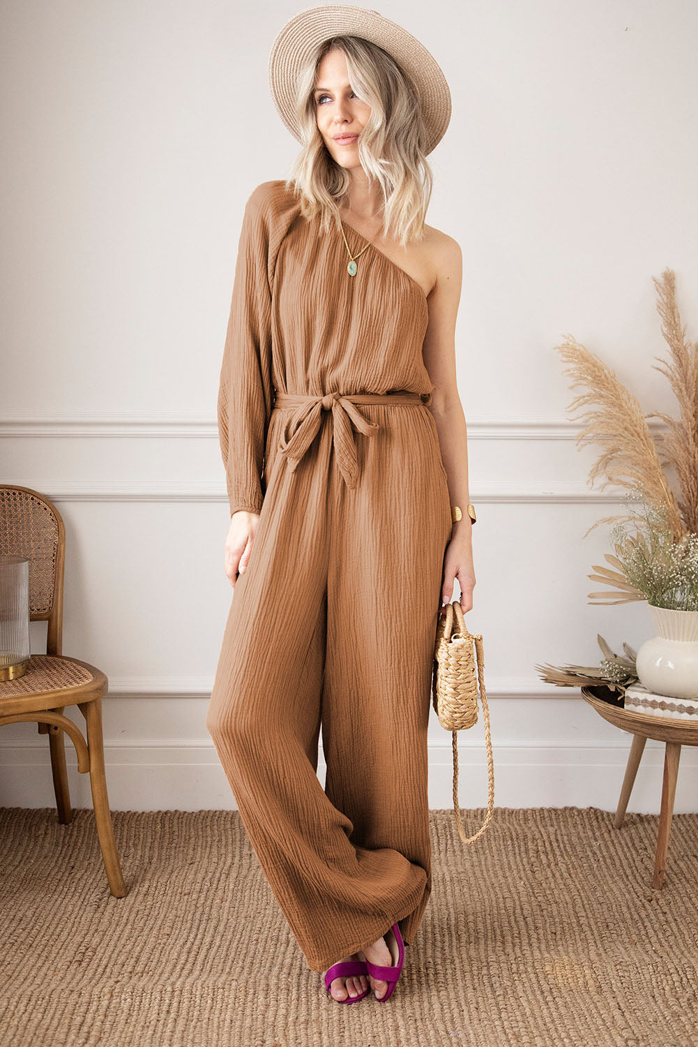 Khaki Crinkled Texture One-shoulder Loose Jumpsuit