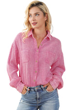 Sky Blue Mineral Wash Crinkle Textured Chest Pockets Shirt