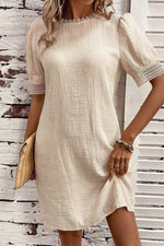 Creme Beige Puff Sleeve 100% Cotton Womens Mini Dress