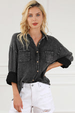 Sky Blue Mineral Wash Crinkle Textured Chest Pockets Shirt