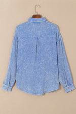 Sky Blue Mineral Wash Crinkle Textured Chest Pockets Shirt