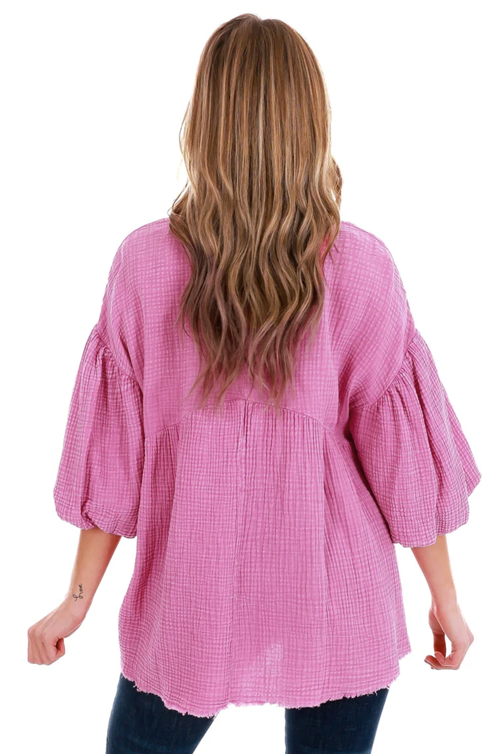Pink Hydrangea Ruffle Sleeves 100% Cotton Womens Blouse