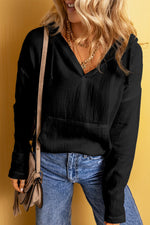 Black Lightweight Crinkle Pocketed Hooded Blouse