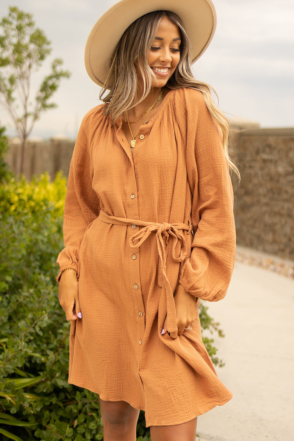 Orange Marmalade Puff Sleeve 100% Cotton Womens Dress