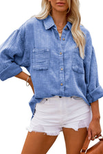 Sky Blue Mineral Wash Crinkle Textured Chest Pockets Shirt