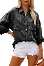 Sky Blue Mineral Wash Crinkle Textured Chest Pockets Shirt