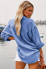 Sky Blue Mineral Wash Crinkle Textured Chest Pockets Shirt