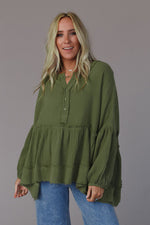 Green Henley Button Drop Shoulder Loose Sleeve Raw Edge Top