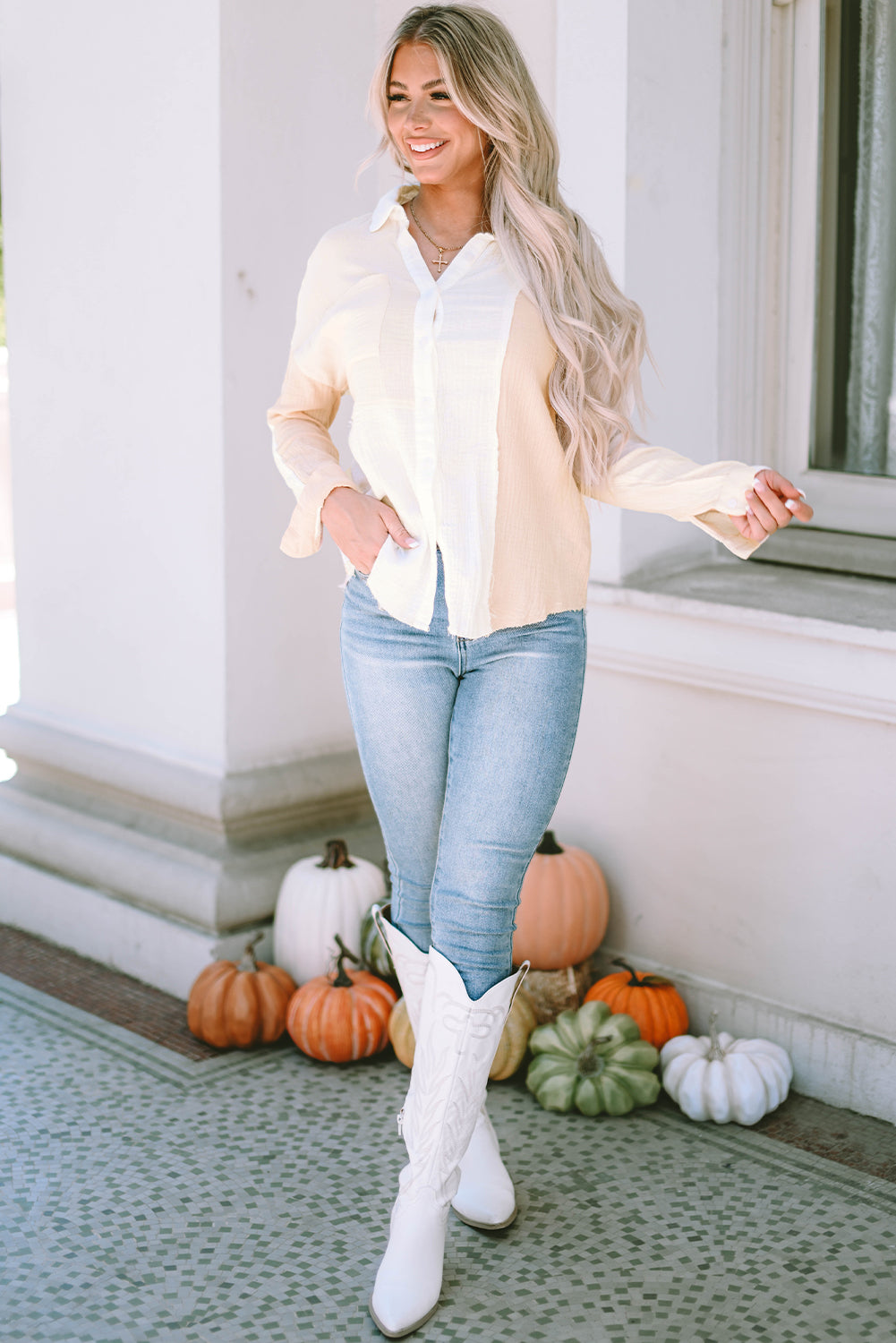 Grapefruit Orange Color Block Buttoned Raw Hem Textured Shirt