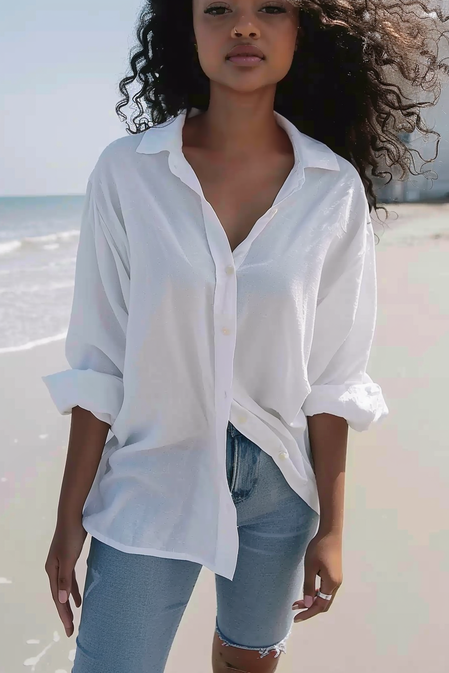 Ivory Sands Oversized Button Down Cotton Womens Blouse