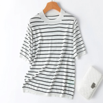 Icy Pathway Stripes Round Neck Mulberrry Silk Cotton Womens Shirt