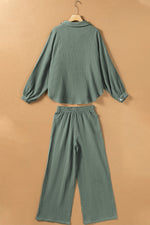 Green Crinkle Split Neck Top Loose Drawstring Pants Set