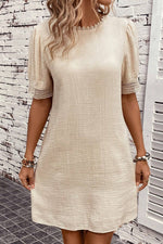 Creme Beige Puff Sleeve 100% Cotton Womens Mini Dress