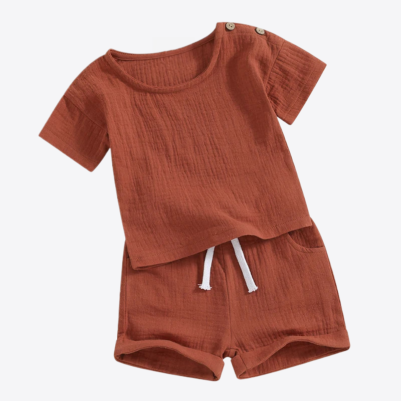 Red Apple Short Sleeve Cotton Linen Baby Shirt & Shorts Set