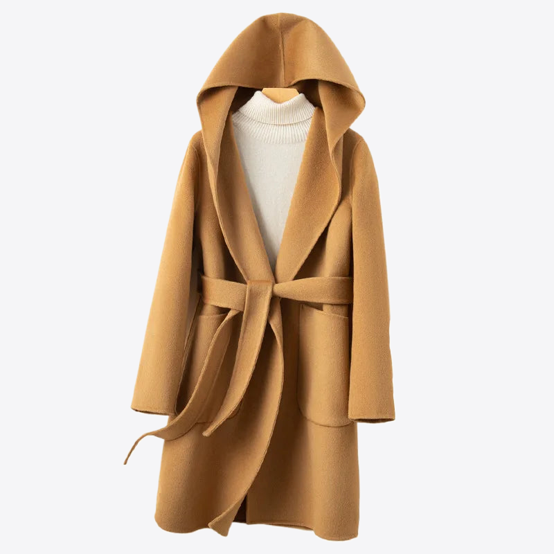 Korean Design Women Double-sided Cashmere Mid-length Hoodie Coat With Belt Lace Up Hooded Slimming Wool Jacket Autumn Winter