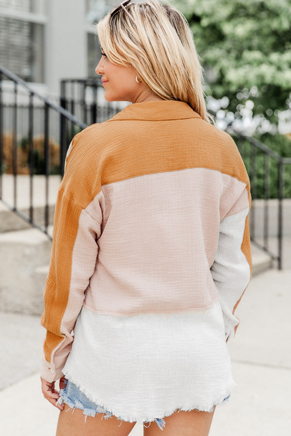 Grapefruit Orange Color Block Buttoned Raw Hem Textured Shirt