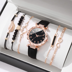 Starry Sky 6Pcs Quartz Bracelet Quartz Stainless Steel Leather Womens Watch Set