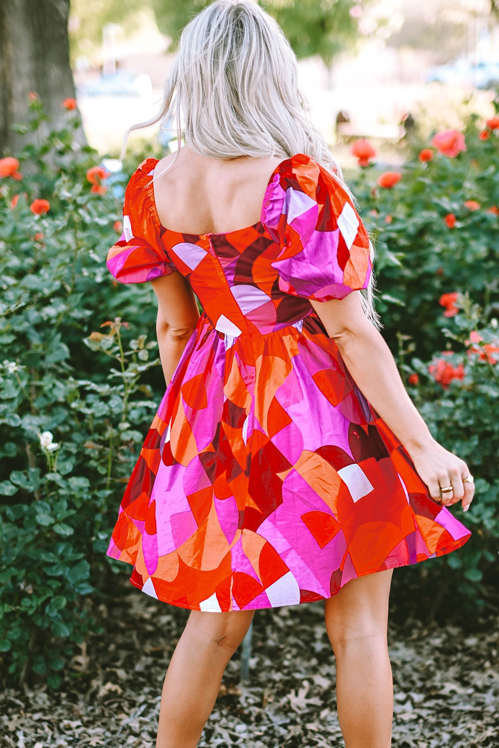Pink Bloom Puff Sleeve 100% Cotton Womens Dress
